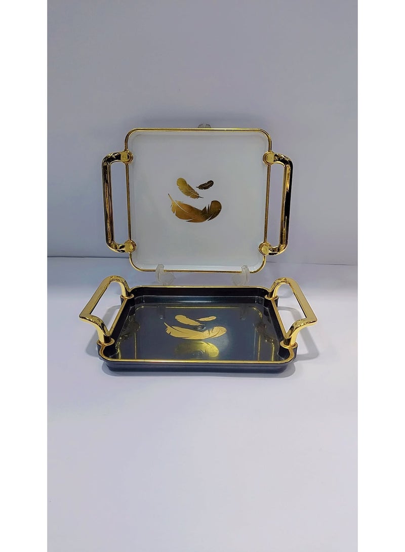 Set of 3 Square Serving Trays with Gold Handles – Luxury Feather Design – Multi-Purpose – White, Black & Transparent – 20×20 cm - Image 5